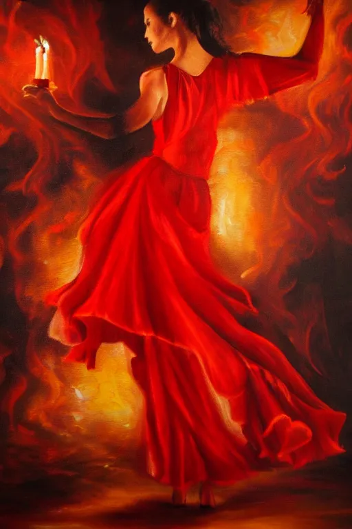 Image similar to detailed oil painting of spanish flamenco dancer walking into water wearing a red dress that's engulfed in flames, dimly lit by candles on the ground, looking away, dark shadows, ethereal, slr, 4 k, high definition