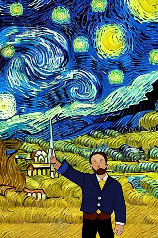 Image similar to joyous, fit, powerful, vincent van gogh standing next to his small painting starry night which is on an easel, stop motion vinyl action figure, plastic, toy, butcher billy style