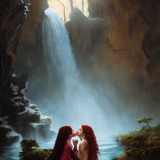 Prompt: an extremely detailed portrait of polyamorous red haired vampire queens kissing while hiding from a thunderstorm in a cave behind a waterfall, epic fantasy, viewed in profile from far away, sharp focus, detailed face, art by greg rutkowski and alphonse mucha, volumetric lighting, 4 k resolution, trending on artstation, masterpiece