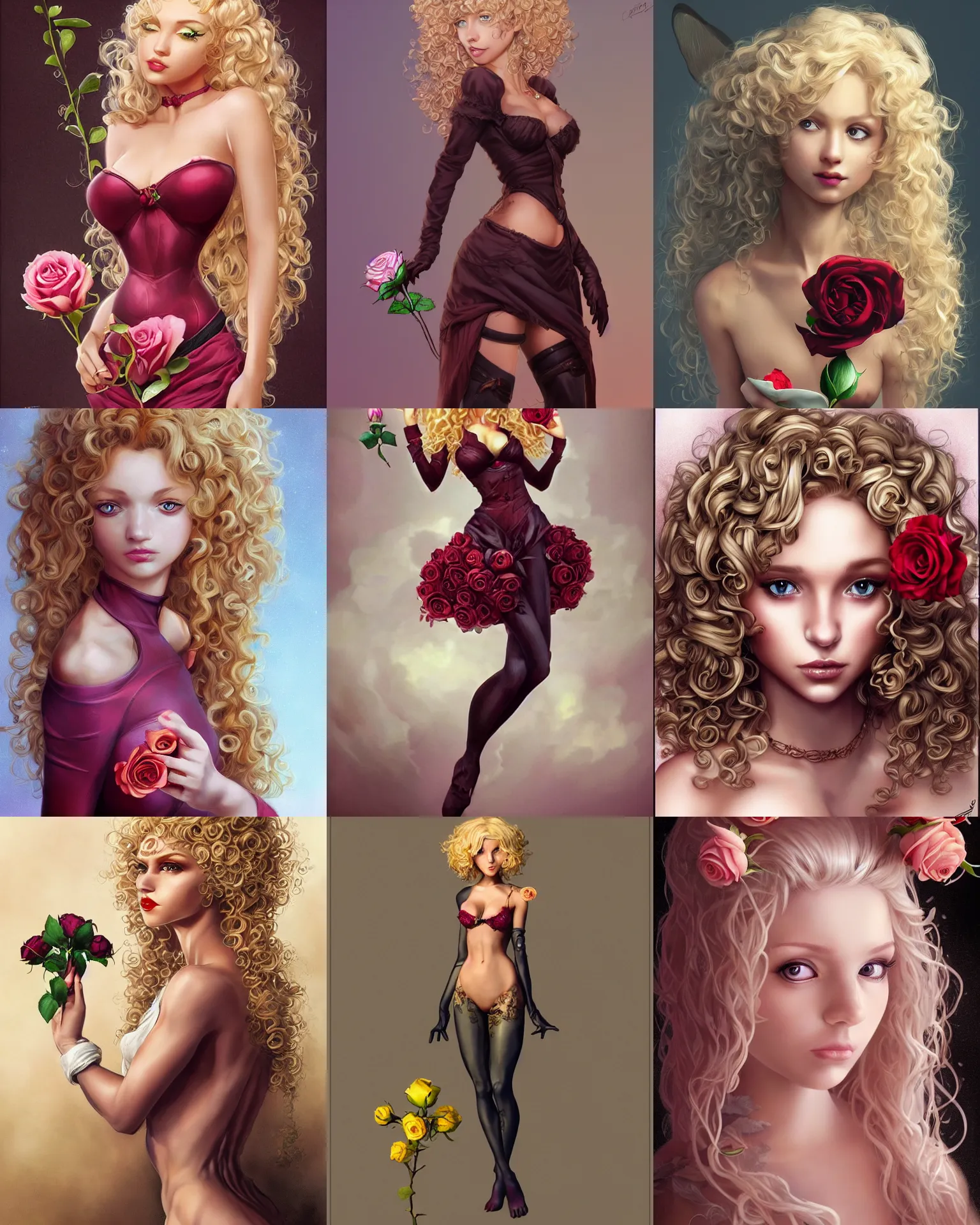 Prompt: beautiful mouse - girl, blonde curly hair, holding a rose, dark fantasy, feminine figure, gorgeous, pretty face, beautiful body, revealing outfit, high detail, tempting, realistic, cgsociety, jean giraud, trending on artstation