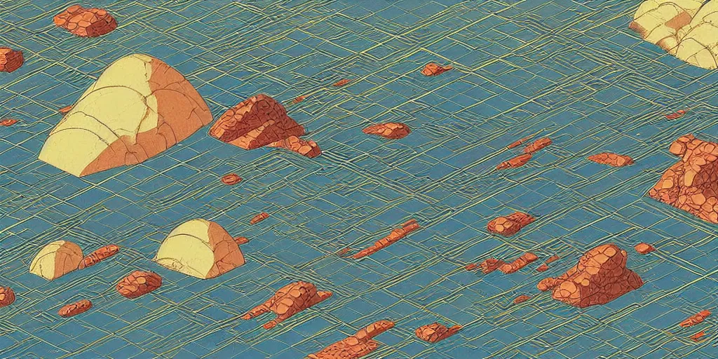 Prompt: a high high perspective landscape of a barren alien world. isometric perspective. science fiction art. moebius
