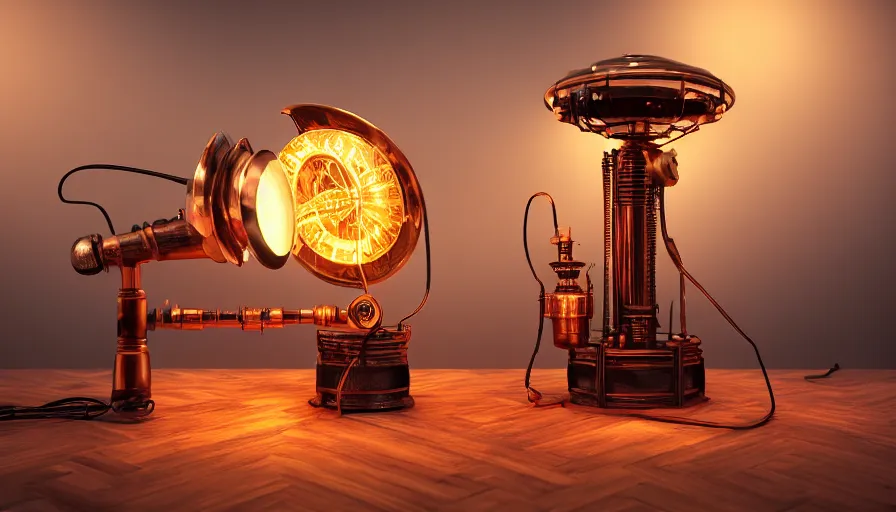 Prompt: A glowing electrical Steampunk Gramophone in a victorian museum, james gurney, cinematic lighting, lots of steam and sparks, wires made of copper, artstation, vibrant nature, Tuomas Korpi, tekkon kinreet, volumetric light, artstation, , octane render, redshift render, low angle camera, rich deep moody colors