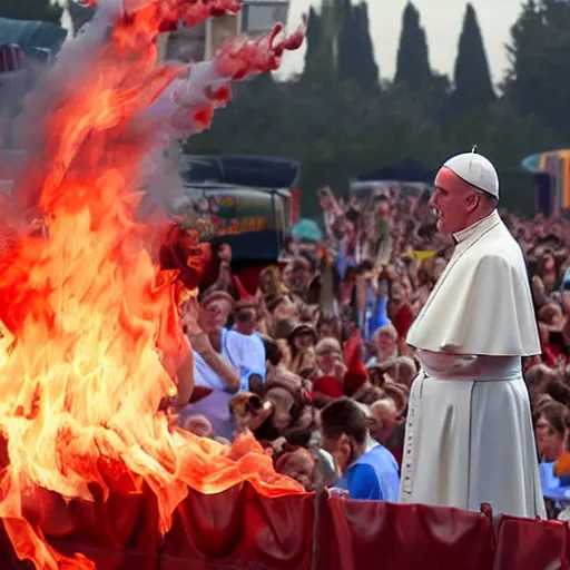 Prompt: a photo of the pope breathing fire at a carnival sideshow