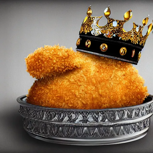Image similar to breaded chicken sitting on the king’s throne with a crown of a king in top of it, hyper realistic, 4k