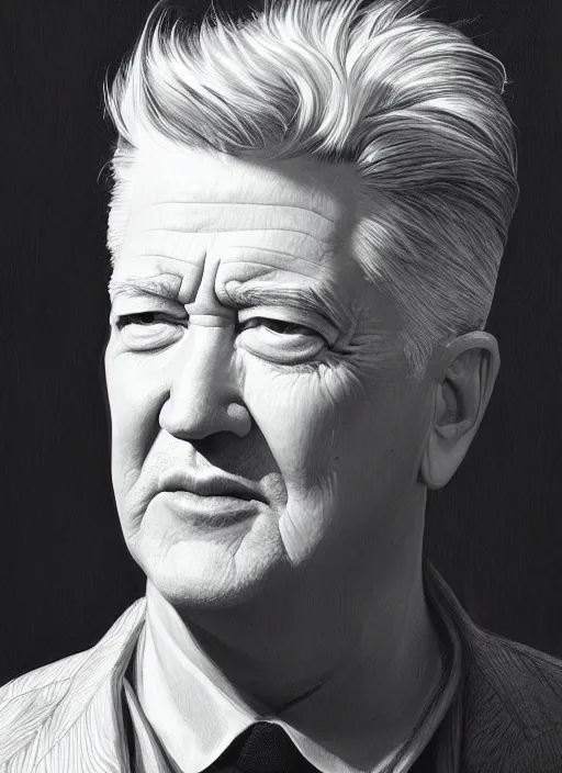 Image similar to portrait of david lynch, highly detailed, centered, solid color background, digital painting, artstation, concept art, smooth, sharp focus, illustration, artgerm, donato giancola, joseph christian leyendecker, les edwards, ed repka, wlop, artgerm