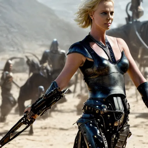 Prompt: Charlize Theron as a Terminator sent back in time to King Arthur's court, knights, beautiful, detailed, epic action, 4k cinematic action, by James Cameron