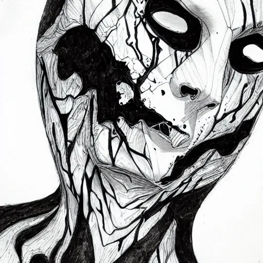 Image similar to an ink drawing of cracked, broken white tragedy mask, deviant art, artgerm