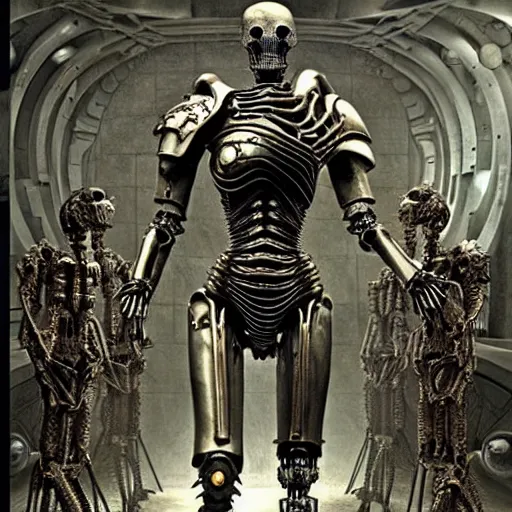 Image similar to still frame from Prometheus movie by giger, necron lord editorial by Malczewski, biomechanical armoured knight by Wayne Barlowe, ornate elaborate complex artifact of death