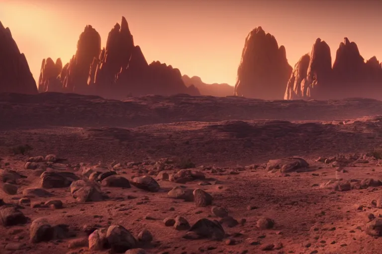 Prompt: A stunning, epic, cinematic film still of a desert planet with rocky cliffs in the distance.