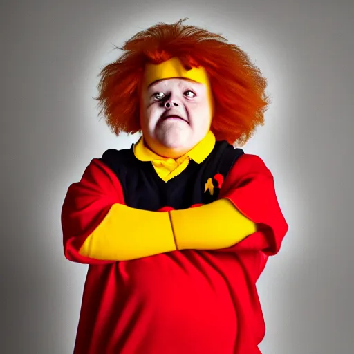 Image similar to portrait of down syndrome midget ronald mcdonald sharp focus, 4 k editorial photograph, soft lighting, black background