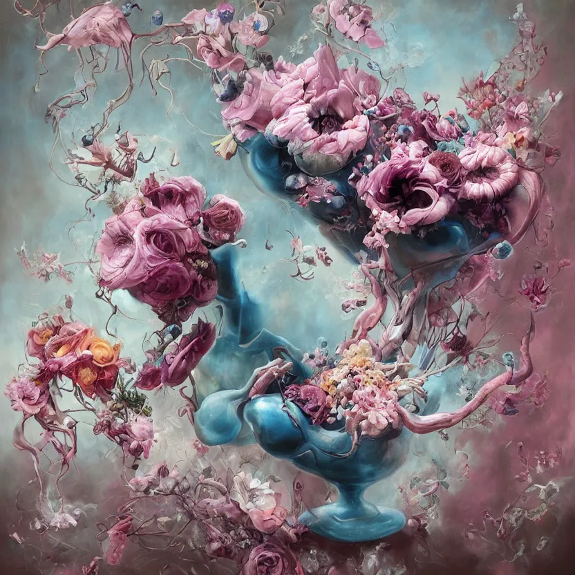 Image similar to a biomorphic painting of a vase with flowers and eyeballs in it, a surrealist painting by Marco Mazzoni, by Peter Mohrbacher, by Dorothea Tanning, pastel blues and pinks, featured on artstation, metaphysical painting, oil on canvas, fluid acrylic pour art, airbrush art,