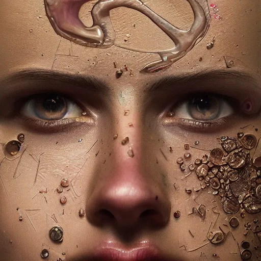 Image similar to hyperrealistic mixed media painting of alphabet, perfect facial symmetry, dim volumetric lighting, 8 k octane beautifully detailed render, post - processing, portrait, extremely hyper - detailed, intricate, epic composition, brown eyes, highly detailed eyes, realistic eyes, cinematic lighting, masterpiece, trending on artstation, very very detailed, masterpiece, stunning,