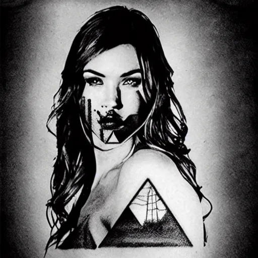 Prompt: double exposure effect of megan fox and beautiful mountain scenery, tattoo sketch, in the style of brandon kidwell