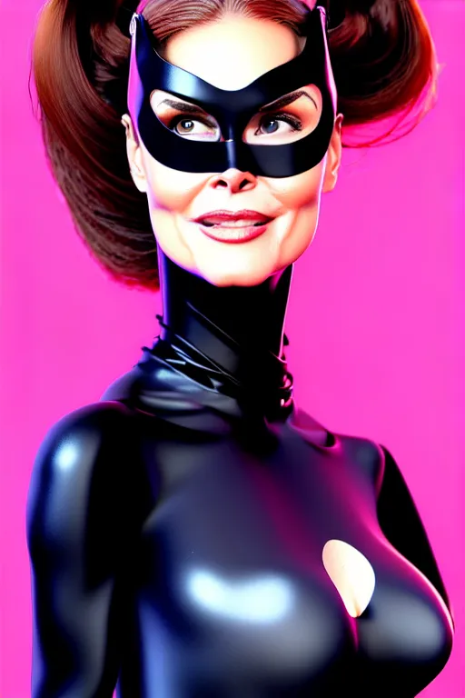 Image similar to portrait of a mix of beautiful young maria shriver, mariel hemmingway, brooke shields, nicole kidman and elle macpherson as catwoman, thin lips, hair tied up in a pony tail, colorful artstation, cgsociety