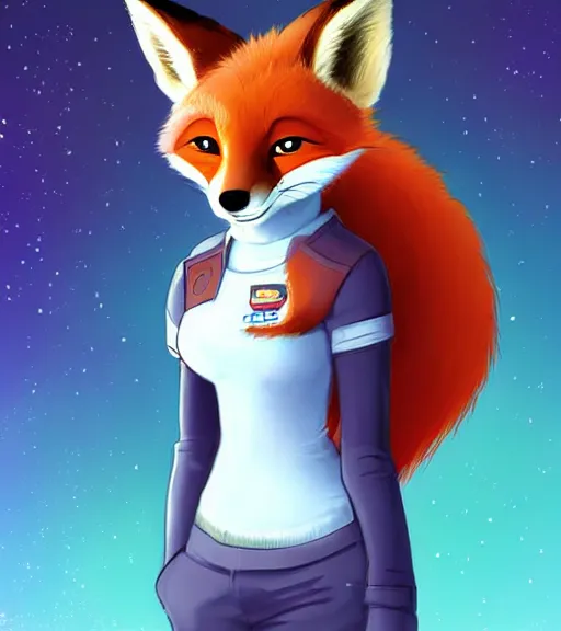 Prompt: digital detailed art of furry female fox, in style of zootopia, fursona, furry, furaffinity, deviantart, wearing astronaut outfit, floating in space, space background, hyena fursona, cyberpunk, detailed face, style of artgerm,