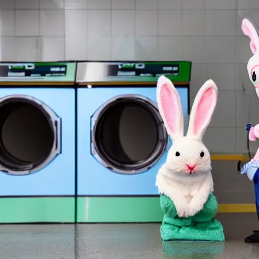 Image similar to plastic toy frog in a bunny suit cleaning up the laundromat, pastel colors