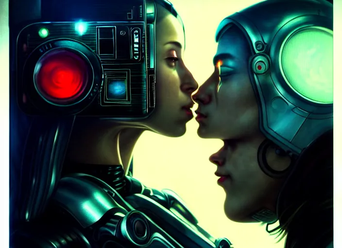 Image similar to ultra realistic photograpic medium shot of a couple of cyborgs kissing, lovers, cyberpunk, sci - fi, fantasy, kodak potra 4 0 0, colour led, soft light, volumetric lighting, night, intricate, highly detailed, digital painting, concept art, smooth, sharp focus, illustration, art by artgerm and greg rutkowski and alphonse mucha