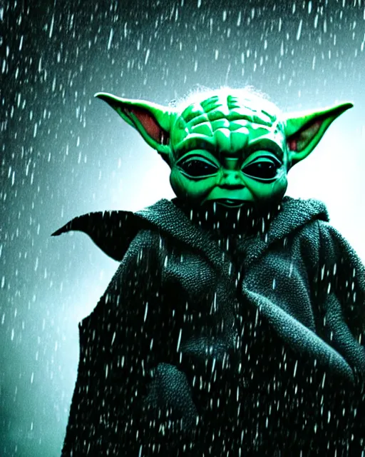 Prompt: epic closeup cinematic still of masked baby yoda as batman wearing batman costume with batcape as batman in atmospheric rainy alleyway in the style of batman begins, 8 k backlit, rim lighting, dramatic moonlight lighting, beautiful composition aesthetic