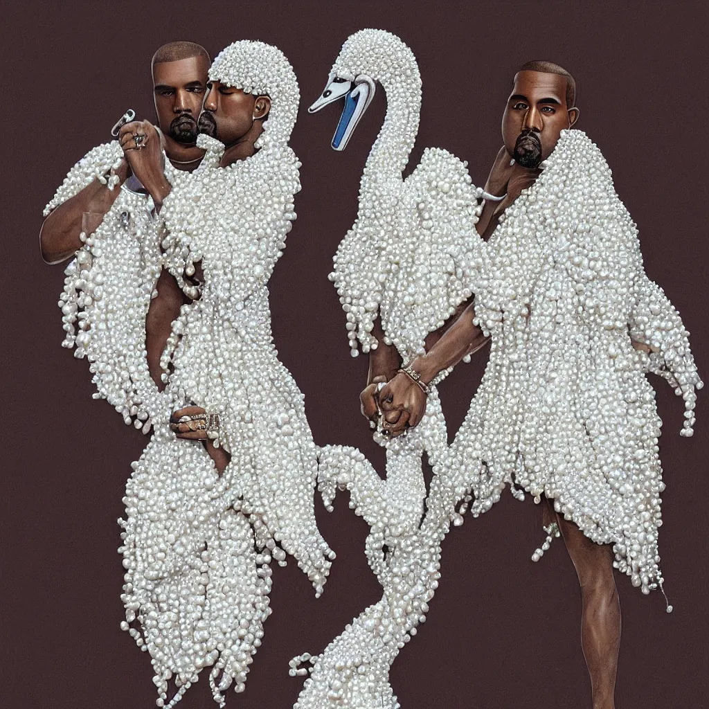 Image similar to kanye west with a decorated dress made of white pearls and white plumes of swan highly detailed digital _ painting