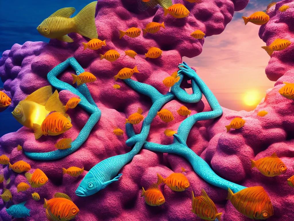 Image similar to a sculpture of fish ocean intertwined, diode lighting, a lovely cornucopia of flowers and human body parts, body parts, highly detailed, octane render, cinematic, sharp focus, clean, studio lighting, sunset, great barrier reef, up than sea level