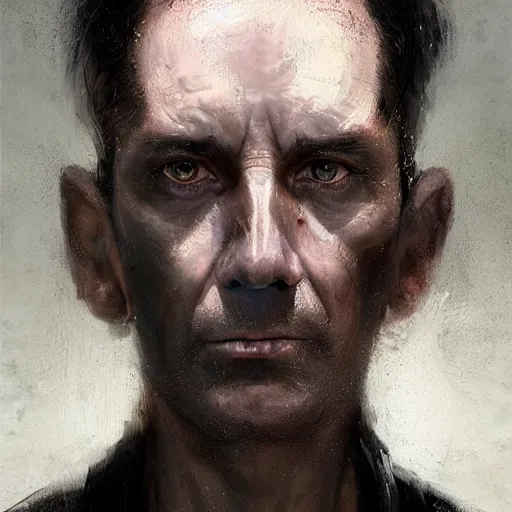 Image similar to Portrait of a man by Greg Rutkowski, he is about 50 years old, his features are a mixture between polish and persian, messy black short hair, tall and slim, tired expression, respectable authority figure, he is wearing a futuristic space gear, highly detailed portrait, scifi, digital painting, artstation, concept art, smooth, sharp foccus ilustration, Artstation HQ.