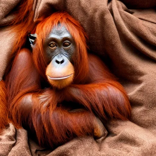 Image similar to photograph of an orangutan just waking up in a bed full of blankets, 4 k, full hd, highly detailed, close up