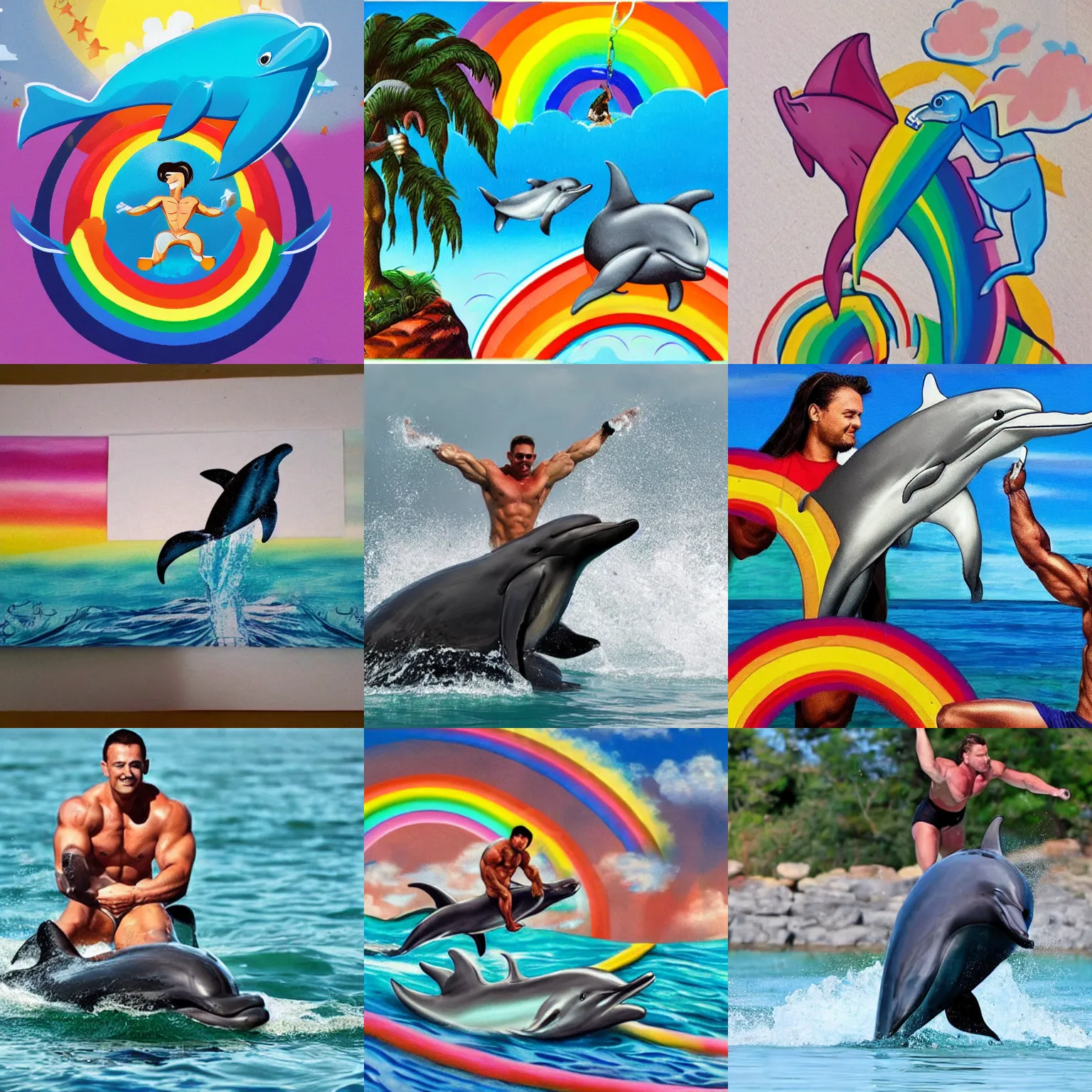 Prompt: a very muscular man riding a dolphin on a rainbow