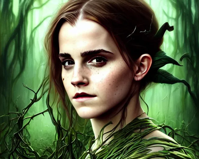 Prompt: mindblowing portrait of emma watson as a swamp witch, green colored skin, deep focus, d & d, fantasy, intricate, elegant, highly detailed, digital painting, artstation, concept art, matte, sharp, illustration, hearthstone, art by artgerm and greg rutkowski and alphonse mucha