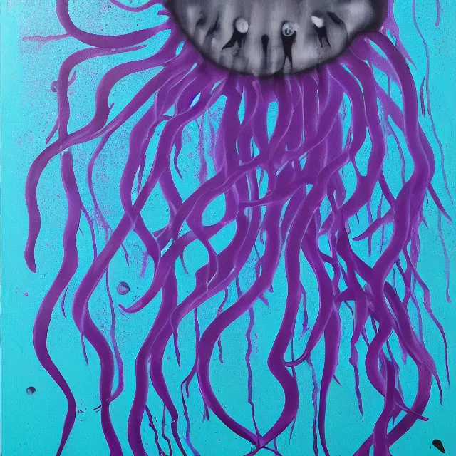 Image similar to violet jellyfish, black fish, stingray, grey coral, depression, neo - expressionism, surrealism, acrylic and spray paint and oilstick on canvas