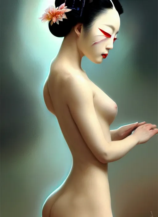 Prompt: organic seductive Geisha, pearlescent skin, diffuse lighting, fantasy, intricate, elegant pose, highly detailed, lifelike, photorealistic, digital painting, artstation, illustration, concept art, different point of view, smooth, sharp focus, art by John Collier and Albert Aublet and Leonardo da vinci and Moebius and Krenz Cushart and Artem Demura and Alphonse Mucha