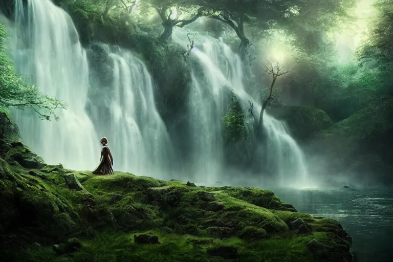 Image similar to an ultra realistic, cinematic, fantasy portrait, of an elden ring elf, fairy lights, facial features, background of a vast serene landscape, with trees and waterfalls, detailed, deep focus, movie still, dramatic lighting, ray tracing, by michal karcz and yoshitaka amano