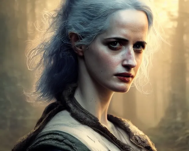 Prompt: 5 5 mm portrait photo of a real life tough looking battle hardened eva green as ciri with a thin face and a large scar across her left cheek, in a magical forest. dark atmosphere. art by greg rutkowski. highly detailed 8 k. intricate. lifelike. soft light. nikon d 8 5 0.