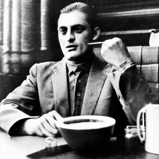 Prompt: Vladimir Mayakovsky drinking coffee at Starbucks