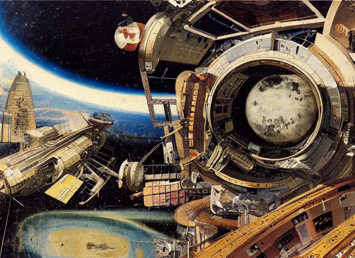 Image similar to an intricately detailed space station colony Hieronymus Bosch and Syd Mead