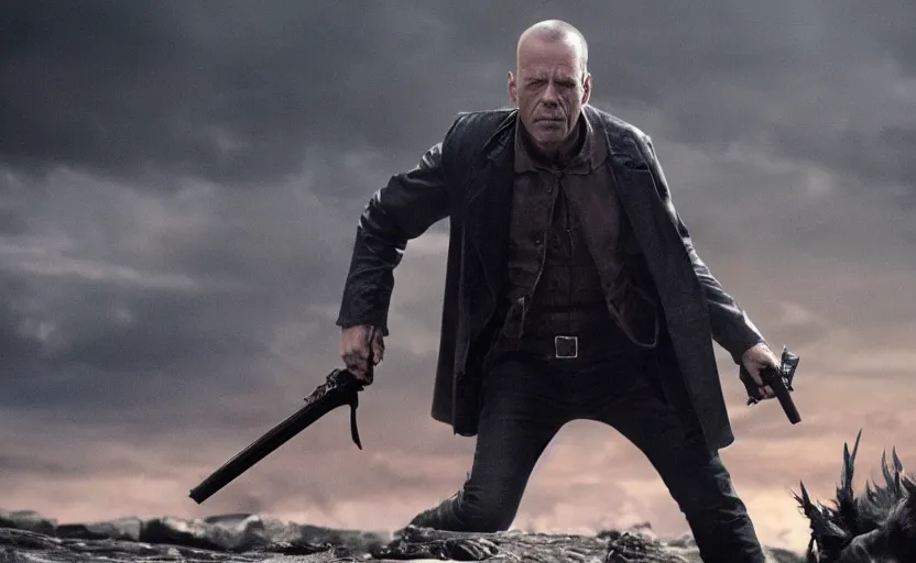 Image similar to photo of bruce willis future vampire hunter, ultra detailed, movie frame, cinematical composition, 4 k