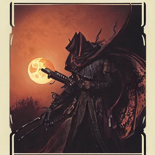 Image similar to an ultra detailed vector image of the hunter from bloodborne fighting a big daddy, concept art by alphonse mucha and greg rutkowski, scary shadows, blood moon eclipse, polaroid octane render, laminal space