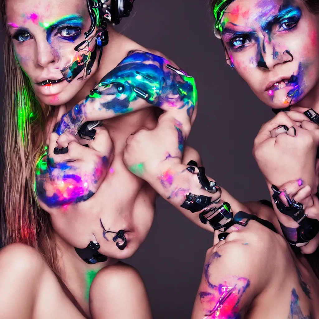 Image similar to a beautiful cyborg woman with fluorescent tatoos on the face, multicolor studio lights.