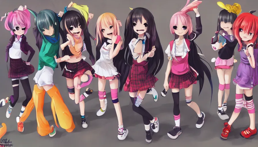 Prompt: three cute anime characters jumping, colorful outfits, realistic face, detailed face, detailed eyes, short miniskirts, lightly dressed, ultra detailed digital art, hyper real, detailed, group photo, ultra detailed, ground up angle