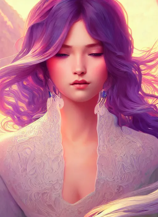 Image similar to beautiful girl with long turqoise hair, cute, intricate, highly detailed, digital painting, trending on artstation, concept art, smooth, sharp focus, backlit, rim light, vivid colors, illustration, unreal engine 5, 8 k, art by rossdraws and alphonse mucha