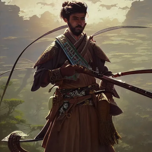 Image similar to Highly detailed portrait of Kurdish samurai, Stephen Bliss, unreal engine, fantasy art by Greg Rutkowski, Loish, Rhads, ferdinand knab, Makoto Shinkai and Lois van baarle, ilya kuvshinov, rossdraws, Tom Bagshaw, alphonse mucha, global illumination, radiant light, detailed and intricate environment, highly detailed, award winning art