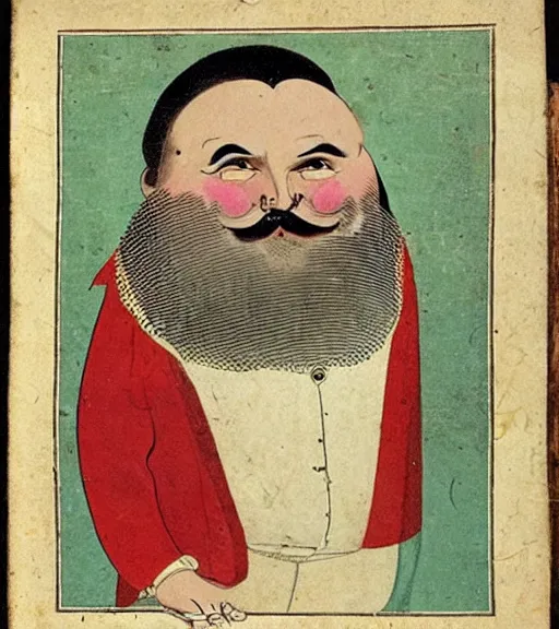Image similar to 1 8 th century ottoman illustration of a bearded obese charlatan who is a quack with a nasty smile on his face, highly detailed
