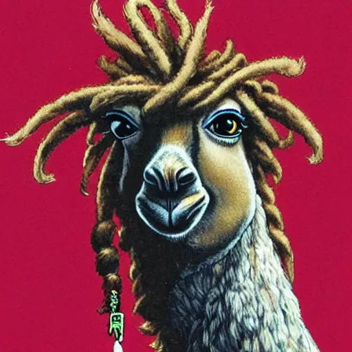 Prompt: llama with dreadlocks, heroic pose, by Katsuhiro Otomo, detailed, high resolution, with beautiful colors