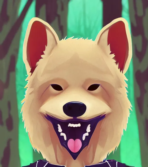 Prompt: close up character portrait icon of the anthro anthropomorphic very cute jindo dog trader head stylized animal person fursona wearing clothes standing in the bright forest, hidari, color page, tankoban, 4 k, tone mapping, akihiko yoshida