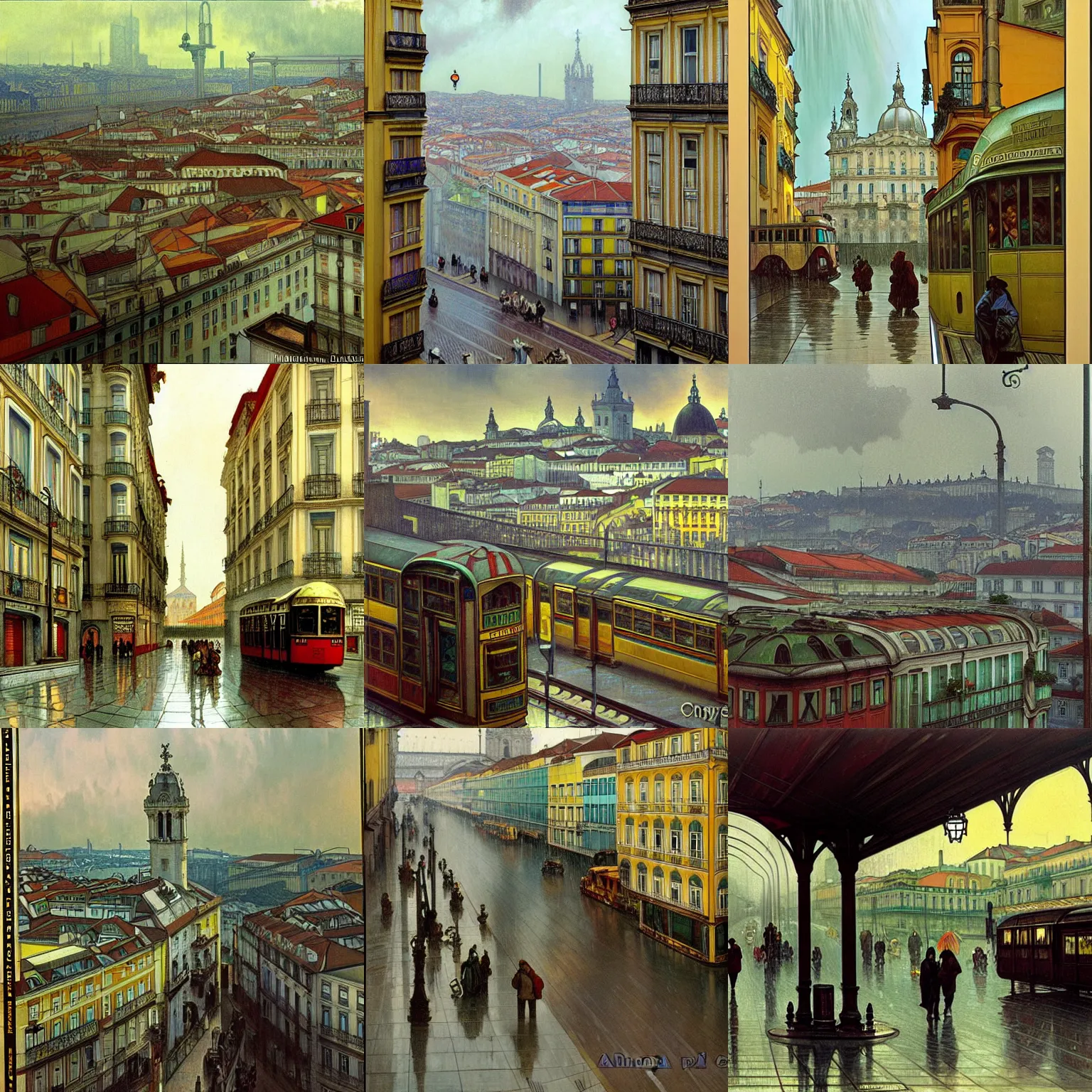 Prompt: The Raining City of Lisbon downtown from the train station, photorealism, rich cinematic atmosphere, alphonse mucha