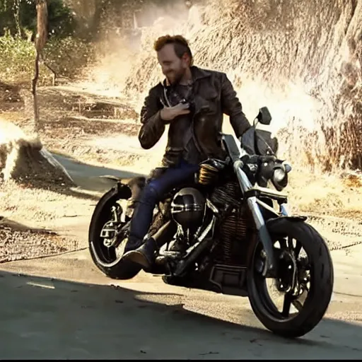 Prompt: VFX movie of Mark Zuckerbeg plays Terminator, rides a Harley motorobike, action scene be Emmanuel Lubezki