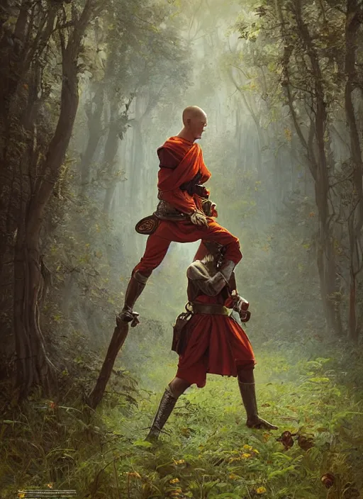 Image similar to a portrait painting of a male monk fighter wearing leather armor on a beautiful lush forest meadow, morning, art by Tristan Eaton, Stanley Artgerm, Tom Bagshaw, Greg Rutkowski, Carne Griffiths