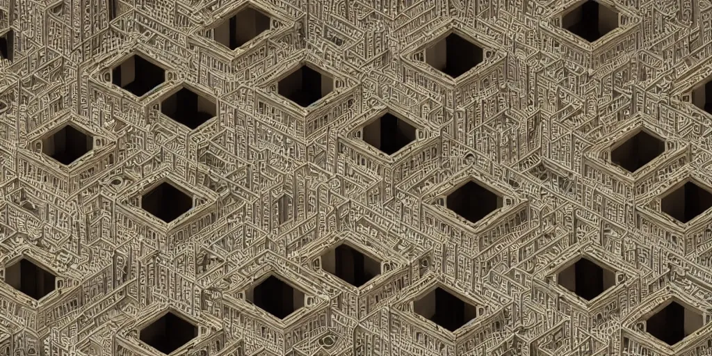 Prompt: endless menger sponge megastructure in the style of mc escher, realistic lighting, very intricate detailed photo, sharp focus, hd, 4 k