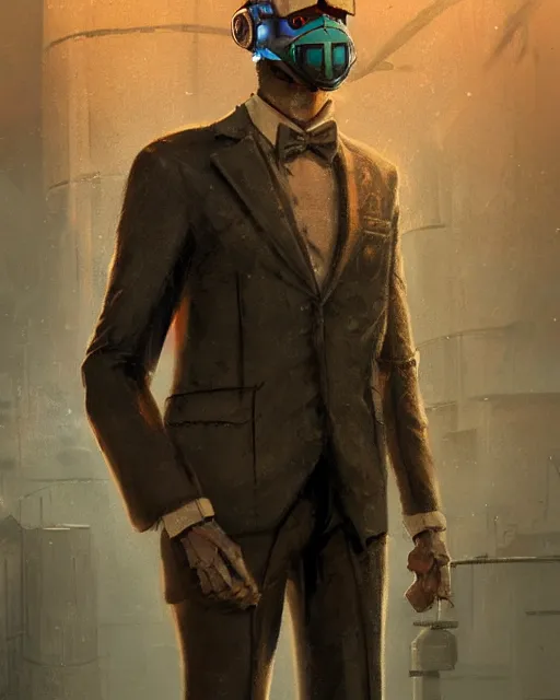 Image similar to a rugged young engineer man with cybernetic enhancements wearing a suit and bowtie, detailed face with mask, scifi character portrait by greg rutkowski, esuthio, craig mullins, 1 / 4 headshot, cinematic lighting, dystopian scifi gear, gloomy, profile picture, mechanical, half robot, implants, steampunk