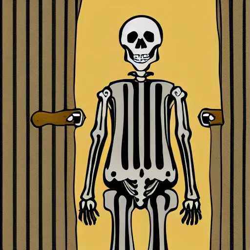 Image similar to skeleton wearing striped pajamas, digital illustration in the style of tim jacobus and dungeons & dragons and magic the gathering, bedroom, nightcap, comfy, sleepy, dim lighting, detailed