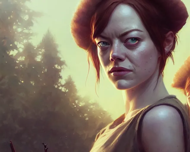 Image similar to highly detailed portrait of emma stone, in the walking dead, stephen bliss, unreal engine, fantasy art by greg rutkowski, loish, rhads, ferdinand knab, makoto shinkai and lois van baarle, ilya kuvshinov, rossdraws, tom bagshaw, global illumination, radiant light, detailed and intricate environment